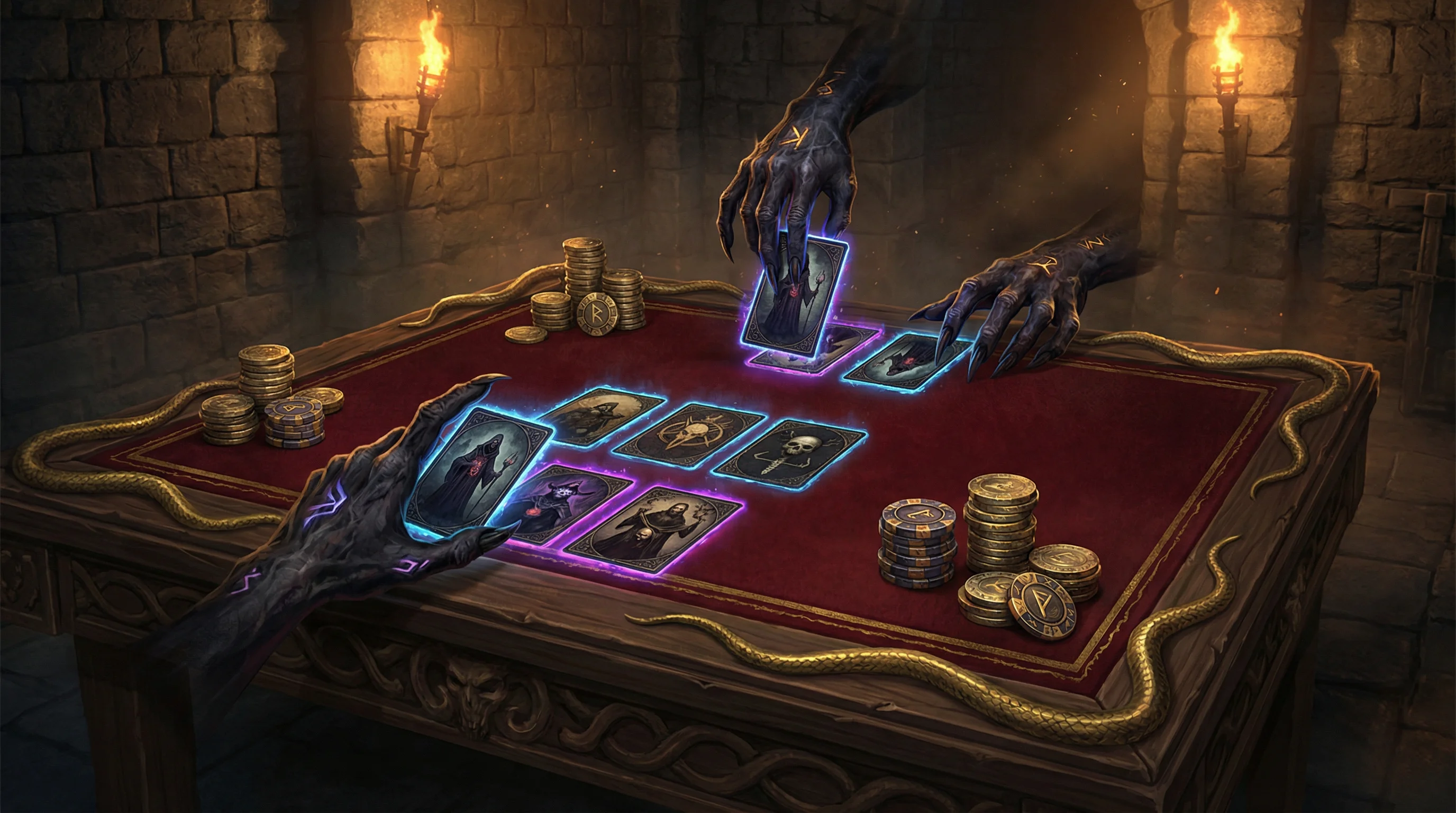 Mesa de Blackjack com cartas místicas e fichas douradas em ambiente de masmorra